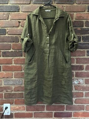 ELENA BALDI linen tab sleeve 3/4 sleeve pocket dress